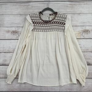 Perch by Blu Pepper Embroidered Blouse Womens 2XL Cream Brown Ruffles